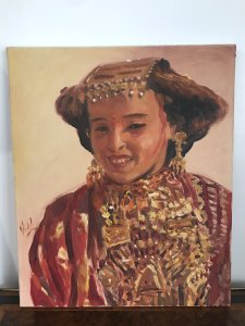 Vintage Original Impressionist Kazakstan Russia Lady Oil On Canvas Signed By Artist VIDAL Traditional Portrait In The Impressionist Style Of Lady Dancer In National Costume Lovely Smile And Details Bright Hues In Reds, Oranges And Gold Stunning Composition Was Brought To England By Russian Collector Note - No Frame Unframed Canvas Dimensions In Inches Height 18” Width 15”
