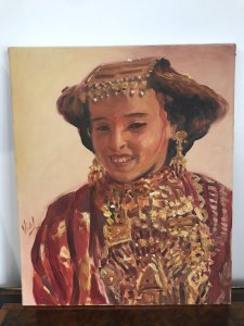 Vintage Original Impressionist Kazakstan Russia Lady Oil On Canvas Signed By Artist VIDAL Traditional Portrait In The Impressionist Style Of Lady Dancer In National Costume Lovely Smile And Details Bright Hues In Reds, Oranges And Gold Stunning Composition Was Brought To England By Russian Collector Note - No Frame Unframed Canvas Dimensions In Inches Height 18” Width 15”