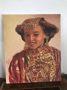 Vintage Original Impressionist Kazakstan Russia Lady Oil On Canvas Signed By Artist VIDAL Traditional Portrait In The Impressionist Style Of Lady Dancer In National Costume Lovely Smile And Details Bright Hues In Reds, Oranges And Gold Stunning Composition Was Brought To England By Russian Collector Note - No Frame Unframed Canvas Dimensions In Inches Height 18” Width 15”