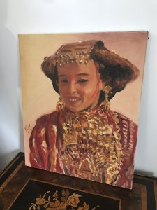 Vintage Original Impressionist Kazakstan Russia Lady Oil On Canvas Signed By Artist VIDAL Traditional Portrait In The Impressionist Style Of Lady Dancer In National Costume Lovely Smile And Details Bright Hues In Reds, Oranges And Gold Stunning Composition Was Brought To England By Russian Collector Note - No Frame Unframed Canvas Dimensions In Inches Height 18” Width 15”