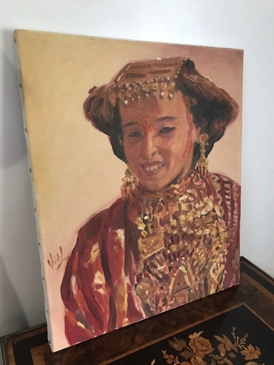 Vintage Original Impressionist Kazakstan Lady Oil On Canvas Signed Vidal