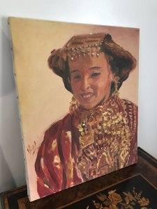 Vintage Original Impressionist Kazakstan Russia Lady Oil On Canvas Signed By Artist VIDAL Traditional Portrait In The Impressionist Style Of Lady Dancer In National Costume Lovely Smile And Details Bright Hues In Reds, Oranges And Gold Stunning Composition Was Brought To England By Russian Collector Note - No Frame Unframed Canvas Dimensions In Inches Height 18” Width 15”