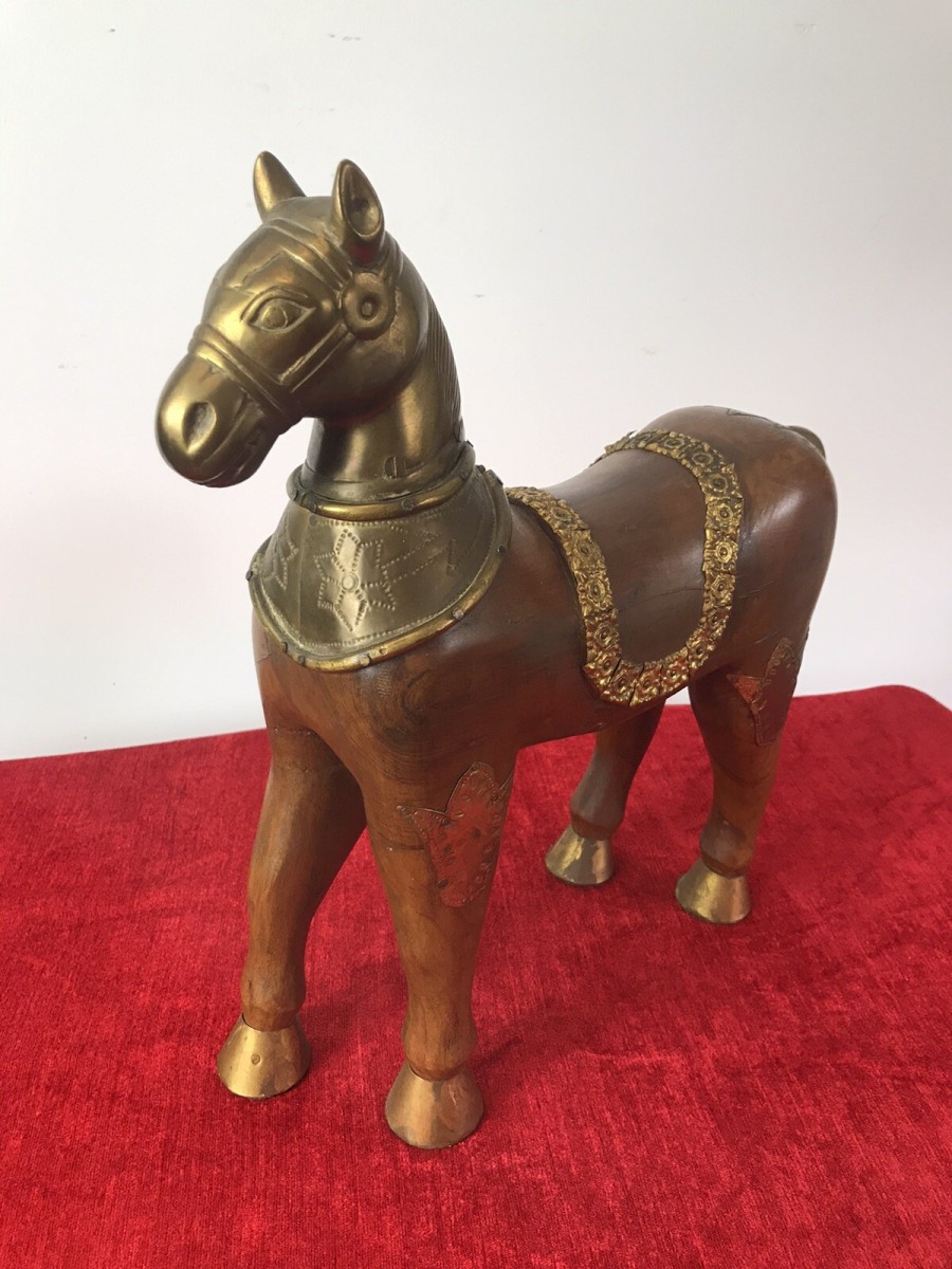 Primary image for Vintage Carved Wooden Sculpture Of Trojan Horse Of Troy With Brass Details