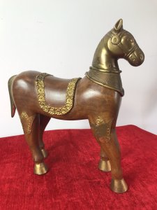 Carved Sculptured Wood Trojan Horse Of Troy With Brass Details Circa - 1960’s Origin- Spain Heavy Carved Wood & Brass Trojan Horse Sculpture In Fine Detail Brass Covered Masked Head With Brass Hooves, Tail And Saddle Decoration. Fine Brass Decorative Plaques On Flanks Hand Made And Stunning Quality Ornamental Piece Dimensions In Inches Height 14” Width 12” Depth 4”