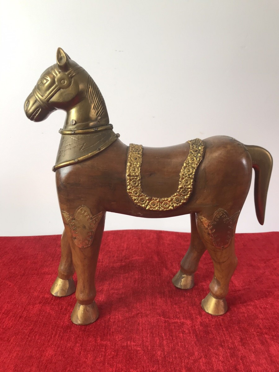 Vintage Carved Wooden Sculpture Of Trojan Horse Of Troy With Brass Details