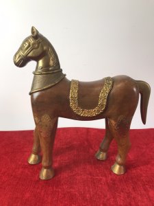 Carved Sculptured Wood Trojan Horse Of Troy With Brass Details Circa - 1960’s Origin- Spain Heavy Carved Wood & Brass Trojan Horse Sculpture In Fine Detail Brass Covered Masked Head With Brass Hooves, Tail And Saddle Decoration. Fine Brass Decorative Plaques On Flanks Hand Made And Stunning Quality Ornamental Piece Dimensions In Inches Height 14” Width 12” Depth 4”