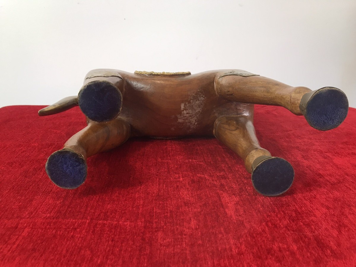 Vintage Carved Wooden Sculpture Of Trojan Horse Of Troy With Brass Details