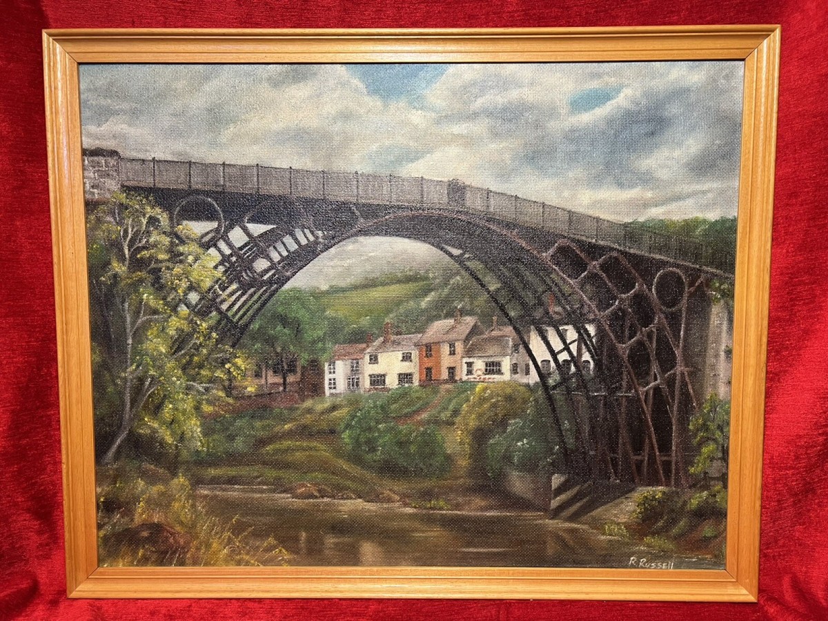 Primary image for Historic Monument Iron Bridge Shropshire 1779 Oil Painting Signed R Russell