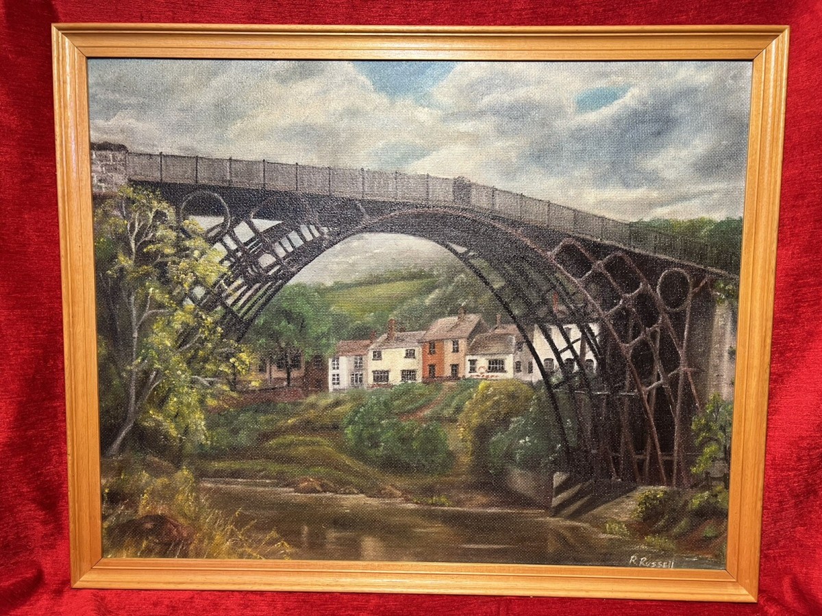 Historic Monument Iron Bridge Shropshire 1779 Oil Painting Signed R Russell