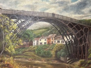 Historic Monument Iron Bridge, Shropshire 1779 Oil Painting On Board Circa - Vintage Composition - Oil On Board Brief History Of Iron Bridge Iron Bridge, Shropshire. The Worlds First Iron Bridge Which Was Erected Over The River Severn In 1779. This Pioneering Structure Marked A Turning Point In English Design And Engineering As After It Was Built Cast Iron Became Widely Used In The Construction Of Bridges. Now A world Famous Industrial Historic Monument Which Gave its Name To The Town That Grew Around It (Previously Named Coalbrookdale) And To The Spectacular Wooded Gorge That Was The Birth Place Of The Industrial Revolution. Listing Description Stunning Oil Artwork Upon Board Showcasing The View Of Historic Iron Bridge Shropshire, The Sloping High Street Visible Through The Arch Of The Bridge. Intricate Detailing Of The Iron Structure With The Fast Flowing Severn River Beneath. Wonderful Reconstruction Of The Reflective Properties Of The Water, With Large Boulders, Abundant foliage And Trees Native To Britain. Signed By Artist R Russell (Right Bottom Corner) Stunning Quality Art Work To Grace Any Wall Of Historic Art Lover. Dimensions In Inches Height 24 3/4" X Width 30 3/4" For Further Information Please Call 07376 618513 Thank-you