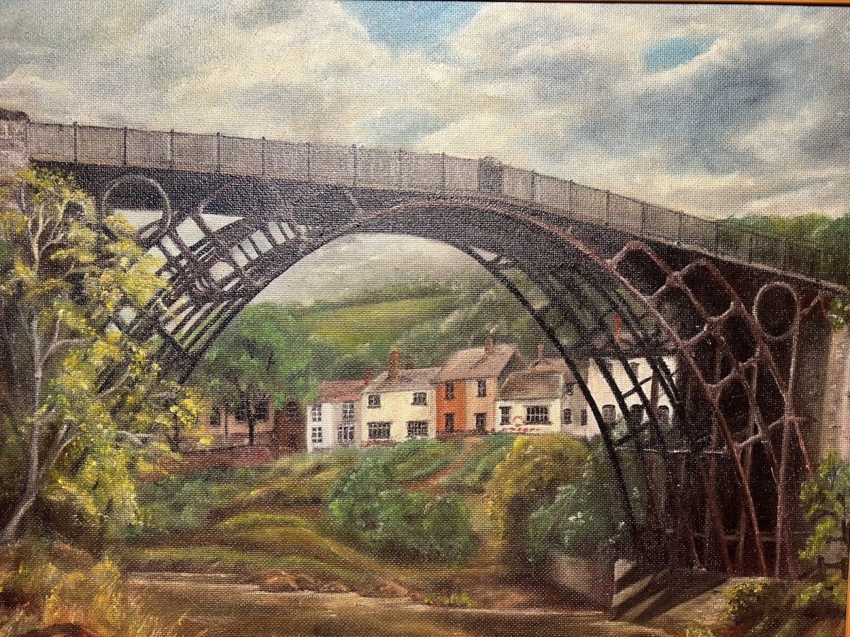 Historic Monument Iron Bridge Shropshire 1779 Oil Painting Signed R Russell