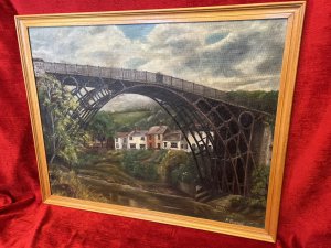 Historic Monument Iron Bridge, Shropshire 1779 Oil Painting On Board Circa - Vintage Composition - Oil On Board Brief History Of Iron Bridge Iron Bridge, Shropshire. The Worlds First Iron Bridge Which Was Erected Over The River Severn In 1779. This Pioneering Structure Marked A Turning Point In English Design And Engineering As After It Was Built Cast Iron Became Widely Used In The Construction Of Bridges. Now A world Famous Industrial Historic Monument Which Gave its Name To The Town That Grew Around It (Previously Named Coalbrookdale) And To The Spectacular Wooded Gorge That Was The Birth Place Of The Industrial Revolution. Listing Description Stunning Oil Artwork Upon Board Showcasing The View Of Historic Iron Bridge Shropshire, The Sloping High Street Visible Through The Arch Of The Bridge. Intricate Detailing Of The Iron Structure With The Fast Flowing Severn River Beneath. Wonderful Reconstruction Of The Reflective Properties Of The Water, With Large Boulders, Abundant foliage And Trees Native To Britain. Signed By Artist R Russell (Right Bottom Corner) Stunning Quality Art Work To Grace Any Wall Of Historic Art Lover. Dimensions In Inches Height 24 3/4" X Width 30 3/4" For Further Information Please Call 07376 618513 Thank-you