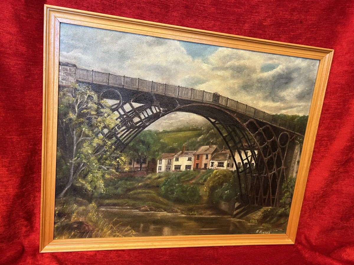 Historic Monument Iron Bridge Shropshire 1779 Oil Painting Signed R Russell