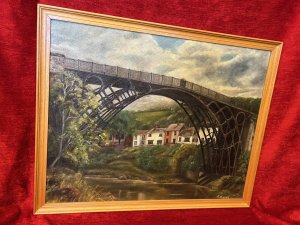 Historic Monument Iron Bridge, Shropshire 1779 Oil Painting On Board Circa - Vintage Composition - Oil On Board Brief History Of Iron Bridge Iron Bridge, Shropshire. The Worlds First Iron Bridge Which Was Erected Over The River Severn In 1779. This Pioneering Structure Marked A Turning Point In English Design And Engineering As After It Was Built Cast Iron Became Widely Used In The Construction Of Bridges. Now A world Famous Industrial Historic Monument Which Gave its Name To The Town That Grew Around It (Previously Named Coalbrookdale) And To The Spectacular Wooded Gorge That Was The Birth Place Of The Industrial Revolution. Listing Description Stunning Oil Artwork Upon Board Showcasing The View Of Historic Iron Bridge Shropshire, The Sloping High Street Visible Through The Arch Of The Bridge. Intricate Detailing Of The Iron Structure With The Fast Flowing Severn River Beneath. Wonderful Reconstruction Of The Reflective Properties Of The Water, With Large Boulders, Abundant foliage And Trees Native To Britain. Signed By Artist R Russell (Right Bottom Corner) Stunning Quality Art Work To Grace Any Wall Of Historic Art Lover. Dimensions In Inches Height 24 3/4" X Width 30 3/4" For Further Information Please Call 07376 618513 Thank-you
