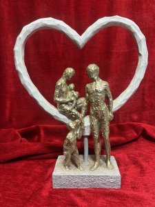 Modern Art Family Sculpture Composition - Mixed Media Resin/Wood Circa - 21st Century Listing Description Modernistic Art Sculpture Of Gilded Family Silhouettes In Heart Shaped Frame. Dimensions in Cms Height 36cm x Width30cm x Base 9.5 x 14.5cm