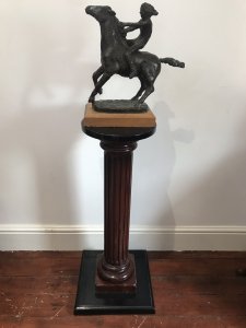 20th Century Modern Original British Bronze Bare Back Lady Rider Juliet Simpson Certified Limited Edition Bronze Overlay Resin Structure Sculpture Set On Wooden Plinth Original Patina And Fine Detail Bare Back Lady Rider Holds The Horse Main Whilst Galloping Stunning Subject Signed On Base Provenance- From The Andrew Burt Collection Deceased 2018 Exhibited At Paris Salon And Sold In New York Auction House 2001 Dimensions In Inches Height 15” Width 16” Base Depth 6.5”