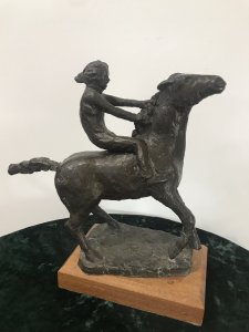 20th Century Modern Original British Bronze Bare Back Lady Rider Juliet Simpson Certified Limited Edition Bronze Overlay Resin Structure Sculpture Set On Wooden Plinth Original Patina And Fine Detail Bare Back Lady Rider Holds The Horse Main Whilst Galloping Stunning Subject Signed On Base Provenance- From The Andrew Burt Collection Deceased 2018 Exhibited At Paris Salon And Sold In New York Auction House 2001 Dimensions In Inches Height 15” Width 16” Base Depth 6.5”
