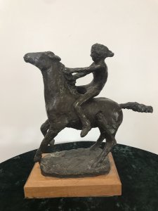 20th Century Modern Original British Bronze Bare Back Lady Rider Juliet Simpson Certified Limited Edition Bronze Overlay Resin Structure Sculpture Set On Wooden Plinth Original Patina And Fine Detail Bare Back Lady Rider Holds The Horse Main Whilst Galloping Stunning Subject Signed On Base Provenance- From The Andrew Burt Collection Deceased 2018 Exhibited At Paris Salon And Sold In New York Auction House 2001 Dimensions In Inches Height 15” Width 16” Base Depth 6.5”