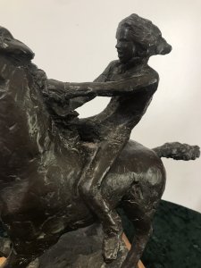 20th Century Modern Original British Bronze Bare Back Lady Rider Juliet Simpson Certified Limited Edition Bronze Overlay Resin Structure Sculpture Set On Wooden Plinth Original Patina And Fine Detail Bare Back Lady Rider Holds The Horse Main Whilst Galloping Stunning Subject Signed On Base Provenance- From The Andrew Burt Collection Deceased 2018 Exhibited At Paris Salon And Sold In New York Auction House 2001 Dimensions In Inches Height 15” Width 16” Base Depth 6.5”
