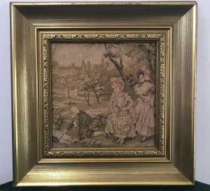 Fine Reproduction 18th Century Style French Figures Tapestry Set In French Chateau Garden Beautifully Gowned Mother And Child And The Father Kneeling Recovering His Hat From The Stream With A Stick Charming Subject Silk Work Tapestry Fine Detail Set In Stunning Gilt Wood Frame Dimensions In Inches Height 14” Width 14”