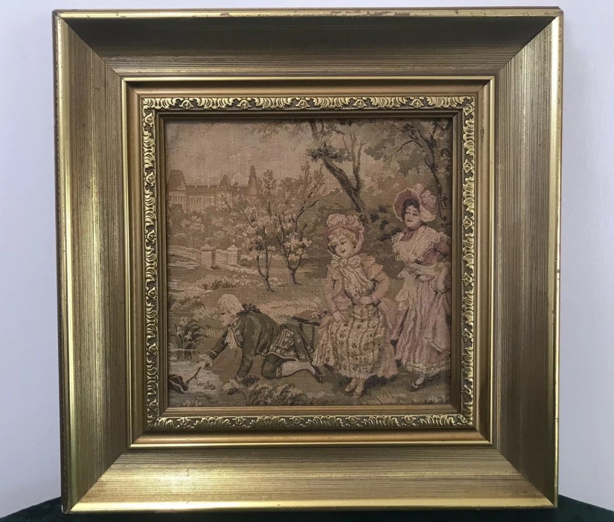 Fine Reproduction 18th Century Style French Figures In Chateau Garden Tapestry
