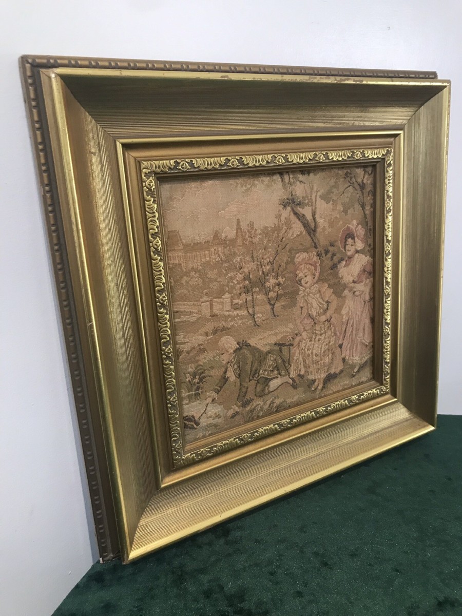 Fine Reproduction 18th Century Style French Figures In Chateau Garden Tapestry