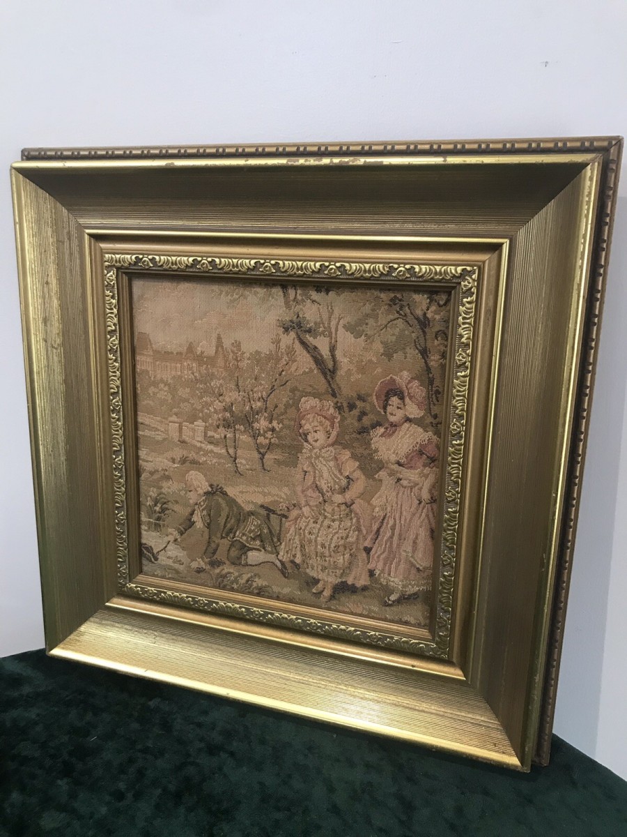 Fine Reproduction 18th Century Style French Figures In Chateau Garden Tapestry