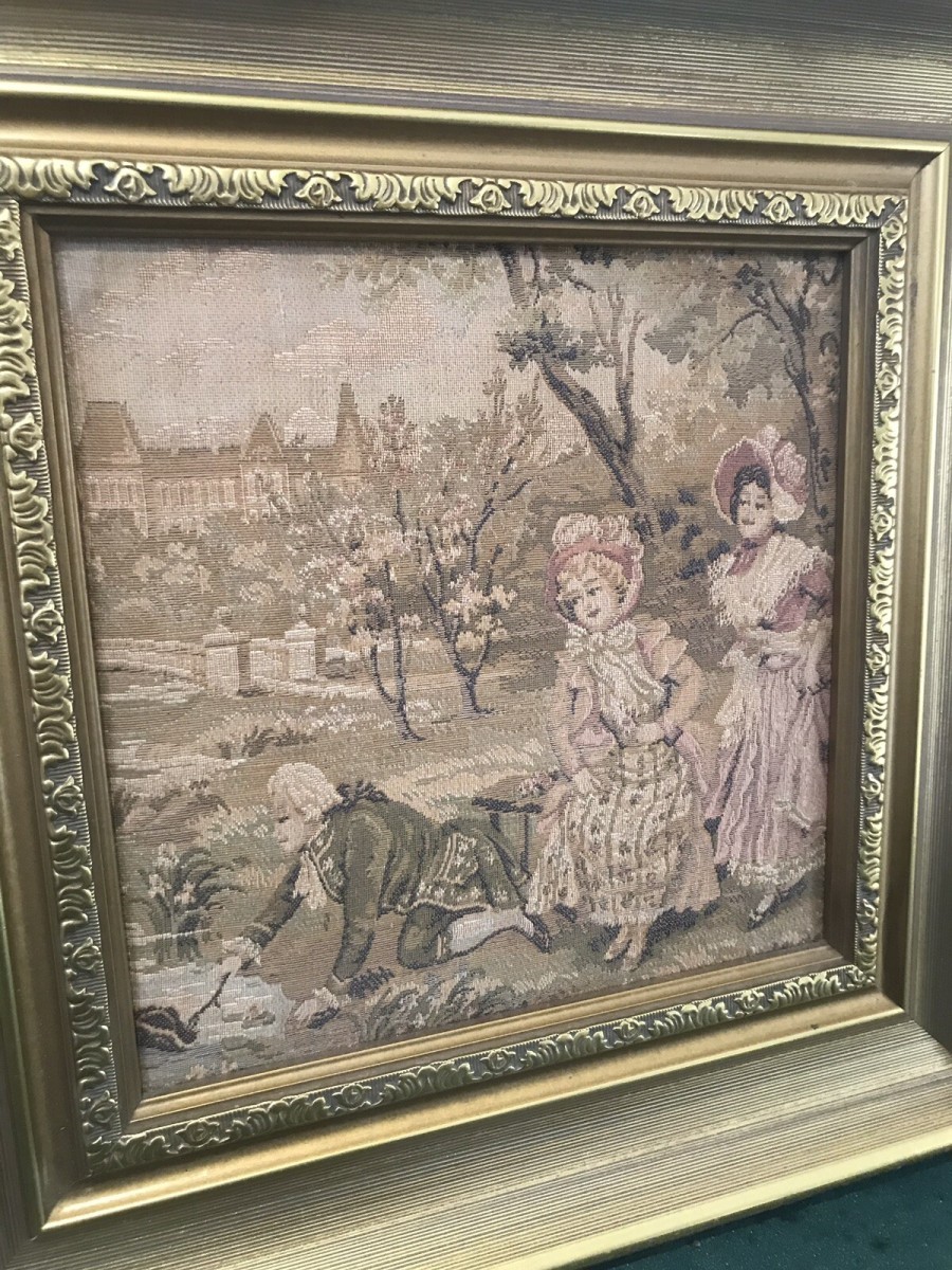 Fine Reproduction 18th Century Style French Figures In Chateau Garden Tapestry