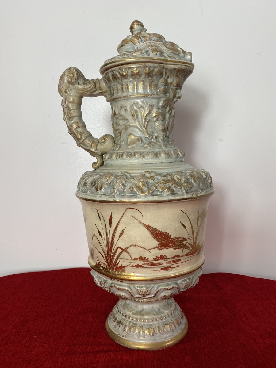 French Antique Classical Wine Ewer Decorated With Gilt Mural Of Herons