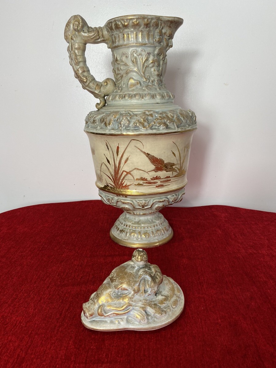 French Antique Classical Wine Ewer Decorated With Gilt Mural Of Herons