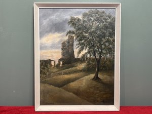 British Contemporary Oil Painting Of Historic Tutbury Castle Signed On Board Circa - Late 20th Century Composition - Oil On Board Listing Description Stunning Contemporary Oil Painting Capturing The Remaining Wonder Which Is The Reverse Of The North View Of Tutbury Castle Ruin, Staffordshire. Finely Detailed Landscape With Rolling Hills Of Abundant Forna, Picket Fences And Central View Of Castle Ruin Against Sun Set Back Drop. Charming Artwork With Vibrant Hues. Artwork Titled 'Tutbury' And Signed By Artist Right Bottom Corner J Hulme. Dimensions In Inches Height 21 3/4" X Width 19"