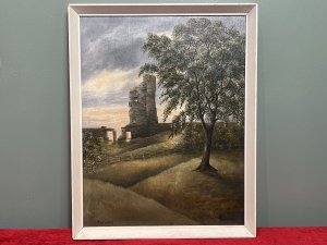 British Contemporary Oil Painting Of Historic Tutbury Castle Signed On Board Circa - Late 20th Century Composition - Oil On Board Listing Description Stunning Contemporary Oil Painting Capturing The Remaining Wonder Which Is The Reverse Of The North View Of Tutbury Castle Ruin, Staffordshire. Finely Detailed Landscape With Rolling Hills Of Abundant Forna, Picket Fences And Central View Of Castle Ruin Against Sun Set Back Drop. Charming Artwork With Vibrant Hues. Artwork Titled 'Tutbury' And Signed By Artist Right Bottom Corner J Hulme. Dimensions In Inches Height 21 3/4" X Width 19"