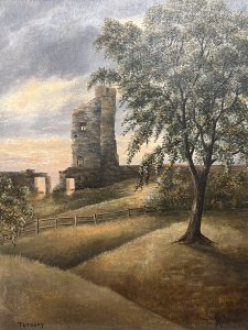 British Contemporary Oil Painting Of Historic Tutbury Castle Signed On Board Circa - Late 20th Century Composition - Oil On Board Listing Description Stunning Contemporary Oil Painting Capturing The Remaining Wonder Which Is The Reverse Of The North View Of Tutbury Castle Ruin, Staffordshire. Finely Detailed Landscape With Rolling Hills Of Abundant Forna, Picket Fences And Central View Of Castle Ruin Against Sun Set Back Drop. Charming Artwork With Vibrant Hues. Artwork Titled 'Tutbury' And Signed By Artist Right Bottom Corner J Hulme. Dimensions In Inches Height 21 3/4" X Width 19"