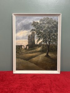 British Contemporary Oil Painting Of Historic Tutbury Castle Signed On Board Circa - Late 20th Century Composition - Oil On Board Listing Description Stunning Contemporary Oil Painting Capturing The Remaining Wonder Which Is The Reverse Of The North View Of Tutbury Castle Ruin, Staffordshire. Finely Detailed Landscape With Rolling Hills Of Abundant Forna, Picket Fences And Central View Of Castle Ruin Against Sun Set Back Drop. Charming Artwork With Vibrant Hues. Artwork Titled 'Tutbury' And Signed By Artist Right Bottom Corner J Hulme. Dimensions In Inches Height 21 3/4" X Width 19"