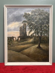 British Contemporary Oil Painting Of Historic Tutbury Castle Signed On Board Circa - Late 20th Century Composition - Oil On Board Listing Description Stunning Contemporary Oil Painting Capturing The Remaining Wonder Which Is The Reverse Of The North View Of Tutbury Castle Ruin, Staffordshire. Finely Detailed Landscape With Rolling Hills Of Abundant Forna, Picket Fences And Central View Of Castle Ruin Against Sun Set Back Drop. Charming Artwork With Vibrant Hues. Artwork Titled 'Tutbury' And Signed By Artist Right Bottom Corner J Hulme. Dimensions In Inches Height 21 3/4" X Width 19"