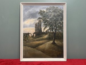 British Contemporary Oil Painting Of Historic Tutbury Castle Signed On Board Circa - Late 20th Century Composition - Oil On Board Listing Description Stunning Contemporary Oil Painting Capturing The Remaining Wonder Which Is The Reverse Of The North View Of Tutbury Castle Ruin, Staffordshire. Finely Detailed Landscape With Rolling Hills Of Abundant Forna, Picket Fences And Central View Of Castle Ruin Against Sun Set Back Drop. Charming Artwork With Vibrant Hues. Artwork Titled 'Tutbury' And Signed By Artist Right Bottom Corner J Hulme. Dimensions In Inches Height 21 3/4" X Width 19"