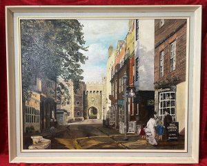 Mid Century Fine Art Cityscape Of York By Artist Jean Webster Circa - 20th Century Composition - Oil On Canvas Brief Artist History Jean M McCallum Webster. Married at Southwold in 1981 to John Tumbull (19 July 1922 - 22 November 1993) but continued to work under the name of Jean Webster. A landscape and portrait painter and a member and exhibitor at the Norfolk and Norwich Arts Circle 1965-1978 from Walberswick, Suffolk. A class tutor at adult painting classes in the late 1970's and 1980's, who worked in Walberswick and lived at Millcroft, Millfield Road, Southwold, Suffolk. Listing Description Large British School Architectural Street Scene of The City Of York, NorthYorkshire. Central Quaint Road Leads To Elaborate Castle Walled Arch In Distant Focus Brightly Lit By Sunny Glare. A Flurry Of Georgian Boutique Shops Line The Right Portion Of The Artwork, With Wrought Iron Street Lamps And Figures. Fine Quality Artwork On Canvas Painted By Accomplished Suffolk Artist Jean Webster And Dated 1973. Dimensions In Inches Height 27.5" X Width 33.5" For Further Information Please Call The Curator On 07707 488566 Thank-you.