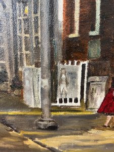 Mid Century Fine Art Cityscape Of York By Artist Jean Webster Circa - 20th Century Composition - Oil On Canvas Brief Artist History Jean M McCallum Webster. Married at Southwold in 1981 to John Tumbull (19 July 1922 - 22 November 1993) but continued to work under the name of Jean Webster. A landscape and portrait painter and a member and exhibitor at the Norfolk and Norwich Arts Circle 1965-1978 from Walberswick, Suffolk. A class tutor at adult painting classes in the late 1970's and 1980's, who worked in Walberswick and lived at Millcroft, Millfield Road, Southwold, Suffolk. Listing Description Large British School Architectural Street Scene of The City Of York, NorthYorkshire. Central Quaint Road Leads To Elaborate Castle Walled Arch In Distant Focus Brightly Lit By Sunny Glare. A Flurry Of Georgian Boutique Shops Line The Right Portion Of The Artwork, With Wrought Iron Street Lamps And Figures. Fine Quality Artwork On Canvas Painted By Accomplished Suffolk Artist Jean Webster And Dated 1973. Dimensions In Inches Height 27.5" X Width 33.5" For Further Information Please Call The Curator On 07707 488566 Thank-you.