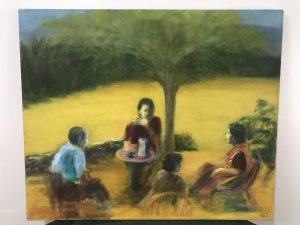 French Modern Contemporary Art Oil Painting Four Figures Seated Under A Tree Entitled Tea Party Bright Harvest Colours Signed By French Artist Jackie Duprey Unframed Dimensions In Inches Height 20” Width 24”