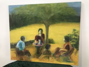 French Modern Contemporary Art Oil Painting Four Figures Seated Under A Tree Entitled Tea Party Bright Harvest Colours Signed By French Artist Jackie Duprey Unframed Dimensions In Inches Height 20” Width 24”