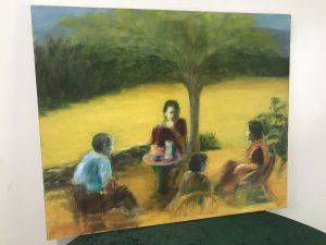 French Modern Contemporary Art Oil Painting Four Figures Seated Under A Tree Entitled Tea Party Bright Harvest Colours Signed By French Artist Jackie Duprey Unframed Dimensions In Inches Height 20” Width 24”