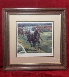 Clare Eva Burton Chelsea Green Original Limited Edition/ Numbered Print 'Dancing Brave' Signed Circa - Contemporary 1985 Printing Technique - Gouttelette Printing Listing Description Dancing Brave Was A American-Bred Bay Colt With A White Snip And Three White Feet, Standing 16 Hands High. British Trained And Had A Racing Career That Lasted From Autumn 1985 Until October 1986. He Ran Ten Times And Won Eight Races. He Was The Outstanding European Racehorse Of 1986 When He Won The 2000 Guineas, The Eclipse Stakes, The king George VI, Queen Elizabeth Stakes & The Prix De L'Arc De Triomphe. His Only Defeats Came In The Epsom Derby And The breeders Cup Turf. He Was Retired To Stud When He Was Successful Sire Of Winners In Europe Before being Exported To Japan Where He Died In 1999. This Print Is A Chelsea Green Limited Edition Numbered 608/800 A Authentic Copy Of The Original Painting 'Dancing Brave' Dated 1986. Set In A Glazed Frame With Boarder, Signed by Artist And Embossed Stamp Authentication By Chelsea Green. The Print Showcases Horse Dancing Brave Being Ridden By English Jockey Greville. Starkey. A Jockey Who Rode Over 2000 Winners In The Races He Ran In During His 33 Year Career On The Flat. The Artist Claire Eva Burton Has Exceptional Notoriety Raking Amongst The Foremost Exponents Of Equestrian Art. Her Love Of Horses Dates Back To her Childhood, Her Paintings Express All That Is Powerful, Dynamic And Colourful Within The Racing World. Dimensions In Cms Height x Width