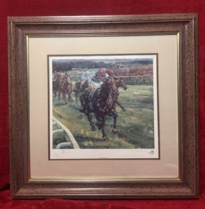 Clare Eva Burton Chelsea Green Original Limited Edition/ Numbered Print 'Dancing Brave' Signed Circa - Contemporary 1985 Printing Technique - Gouttelette Printing Listing Description Dancing Brave Was A American-Bred Bay Colt With A White Snip And Three White Feet, Standing 16 Hands High. British Trained And Had A Racing Career That Lasted From Autumn 1985 Until October 1986. He Ran Ten Times And Won Eight Races. He Was The Outstanding European Racehorse Of 1986 When He Won The 2000 Guineas, The Eclipse Stakes, The king George VI, Queen Elizabeth Stakes & The Prix De L'Arc De Triomphe. His Only Defeats Came In The Epsom Derby And The breeders Cup Turf. He Was Retired To Stud When He Was Successful Sire Of Winners In Europe Before being Exported To Japan Where He Died In 1999. This Print Is A Chelsea Green Limited Edition Numbered 608/800 A Authentic Copy Of The Original Painting 'Dancing Brave' Dated 1986. Set In A Glazed Frame With Boarder, Signed by Artist And Embossed Stamp Authentication By Chelsea Green. The Print Showcases Horse Dancing Brave Being Ridden By English Jockey Greville. Starkey. A Jockey Who Rode Over 2000 Winners In The Races He Ran In During His 33 Year Career On The Flat. The Artist Claire Eva Burton Has Exceptional Notoriety Raking Amongst The Foremost Exponents Of Equestrian Art. Her Love Of Horses Dates Back To her Childhood, Her Paintings Express All That Is Powerful, Dynamic And Colourful Within The Racing World. Dimensions In Cms Height x Width