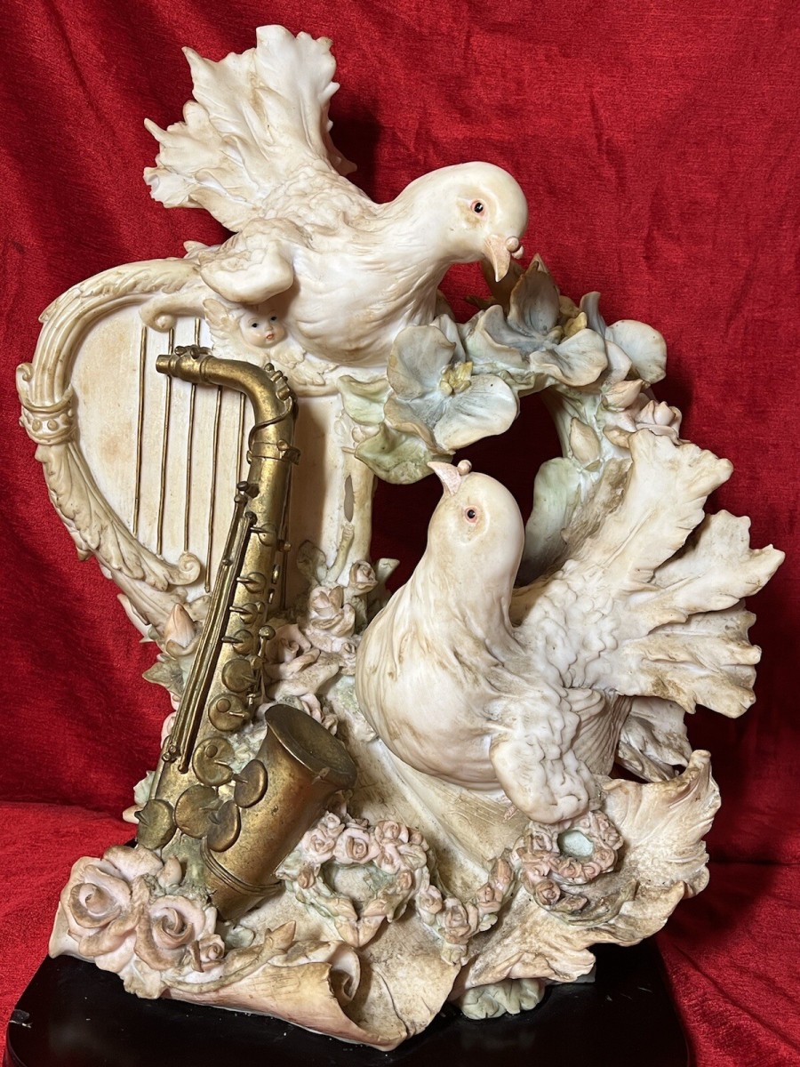 Large Italianate Romantic Turtle Doves Musical Showpiece On Wood Plinth Signed