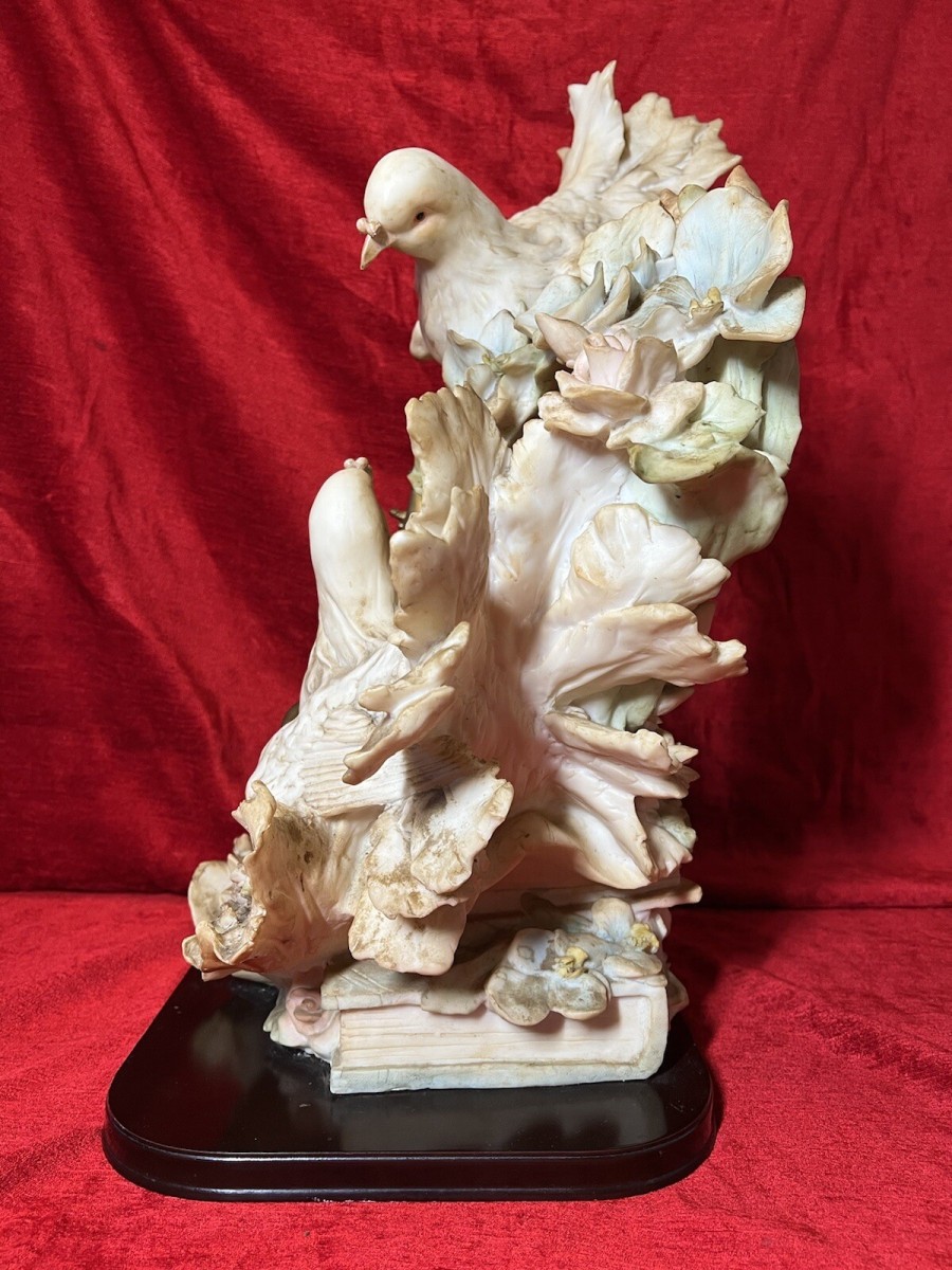 Large Italianate Romantic Turtle Doves Musical Showpiece On Wood Plinth Signed