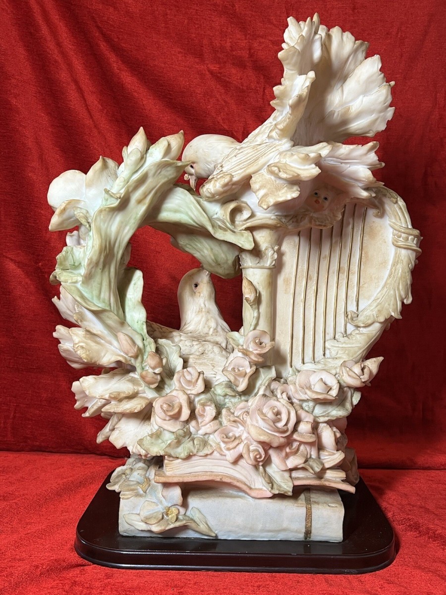 Large Italianate Romantic Turtle Doves Musical Showpiece On Wood Plinth Signed