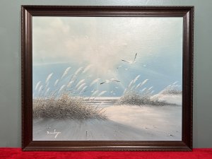 20th Century Contemporary Winter Seascape With Fleeting Seagulls Circa - 1970 Composition - Oil On Canvas Title - Winter Seascape With Fleeting Seagulls Listing Description Wonderful Original Vintage Winter Impressionistic Seascape With Soaring Seagulls, Central Approaching Tide With Abundant Reeds Across Shoreline. Bright Artwork In Graduated Icy Blue Hues. Vast Use of Light And Shadows. Set In Stepped Mahogany Frame And Signed By Artist (Left Bottom Corner) Danloy A Stunning Painting To Bring Atmosphere And Grace Any Interior Decor. Condition - Very Good Minor Indents On Canvas Due To Age And Usage. Dimensions in Inches Height 22.5" X Width 40.5" For Further Information Please Message Or Call 07707 488566 Thank-you