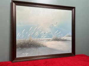 20th Century Contemporary Winter Seascape With Fleeting Seagulls Circa - 1970 Composition - Oil On Canvas Title - Winter Seascape With Fleeting Seagulls Listing Description Wonderful Original Vintage Winter Impressionistic Seascape With Soaring Seagulls, Central Approaching Tide With Abundant Reeds Across Shoreline. Bright Artwork In Graduated Icy Blue Hues. Vast Use of Light And Shadows. Set In Stepped Mahogany Frame And Signed By Artist (Left Bottom Corner) Danloy A Stunning Painting To Bring Atmosphere And Grace Any Interior Decor. Condition - Very Good Minor Indents On Canvas Due To Age And Usage. Dimensions in Inches Height 22.5" X Width 40.5" For Further Information Please Message Or Call 07707 488566 Thank-you