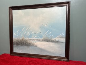 20th Century Contemporary Winter Seascape With Fleeting Seagulls Circa - 1970 Composition - Oil On Canvas Title - Winter Seascape With Fleeting Seagulls Listing Description Wonderful Original Vintage Winter Impressionistic Seascape With Soaring Seagulls, Central Approaching Tide With Abundant Reeds Across Shoreline. Bright Artwork In Graduated Icy Blue Hues. Vast Use of Light And Shadows. Set In Stepped Mahogany Frame And Signed By Artist (Left Bottom Corner) Danloy A Stunning Painting To Bring Atmosphere And Grace Any Interior Decor. Condition - Very Good Minor Indents On Canvas Due To Age And Usage. Dimensions in Inches Height 22.5" X Width 40.5" For Further Information Please Message Or Call 07707 488566 Thank-you