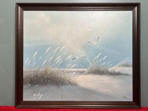 20th Century Contemporary Winter Seascape With Fleeting Seagulls Circa - 1970 Composition - Oil On Canvas Title - Winter Seascape With Fleeting Seagulls Listing Description Wonderful Original Vintage Winter Impressionistic Seascape With Soaring Seagulls, Central Approaching Tide With Abundant Reeds Across Shoreline. Bright Artwork In Graduated Icy Blue Hues. Vast Use of Light And Shadows. Set In Stepped Mahogany Frame And Signed By Artist (Left Bottom Corner) Danloy A Stunning Painting To Bring Atmosphere And Grace Any Interior Decor. Condition - Very Good Minor Indents On Canvas Due To Age And Usage. Dimensions in Inches Height 22.5" X Width 40.5" For Further Information Please Message Or Call 07707 488566 Thank-you